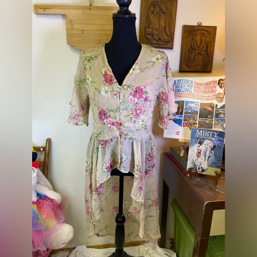 Whimsical Fairy Core Boho Flowy Hi Lo Floral Sheer Button Front Duster Top LARGE